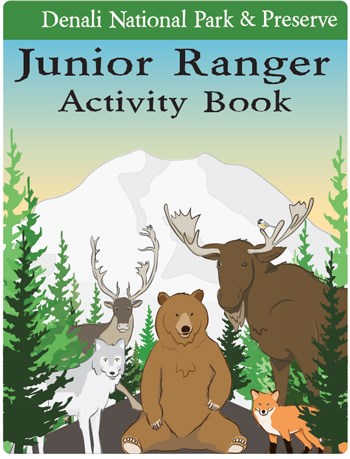 front cover of Denali's junior ranger book featuring a group of cartoon animals
