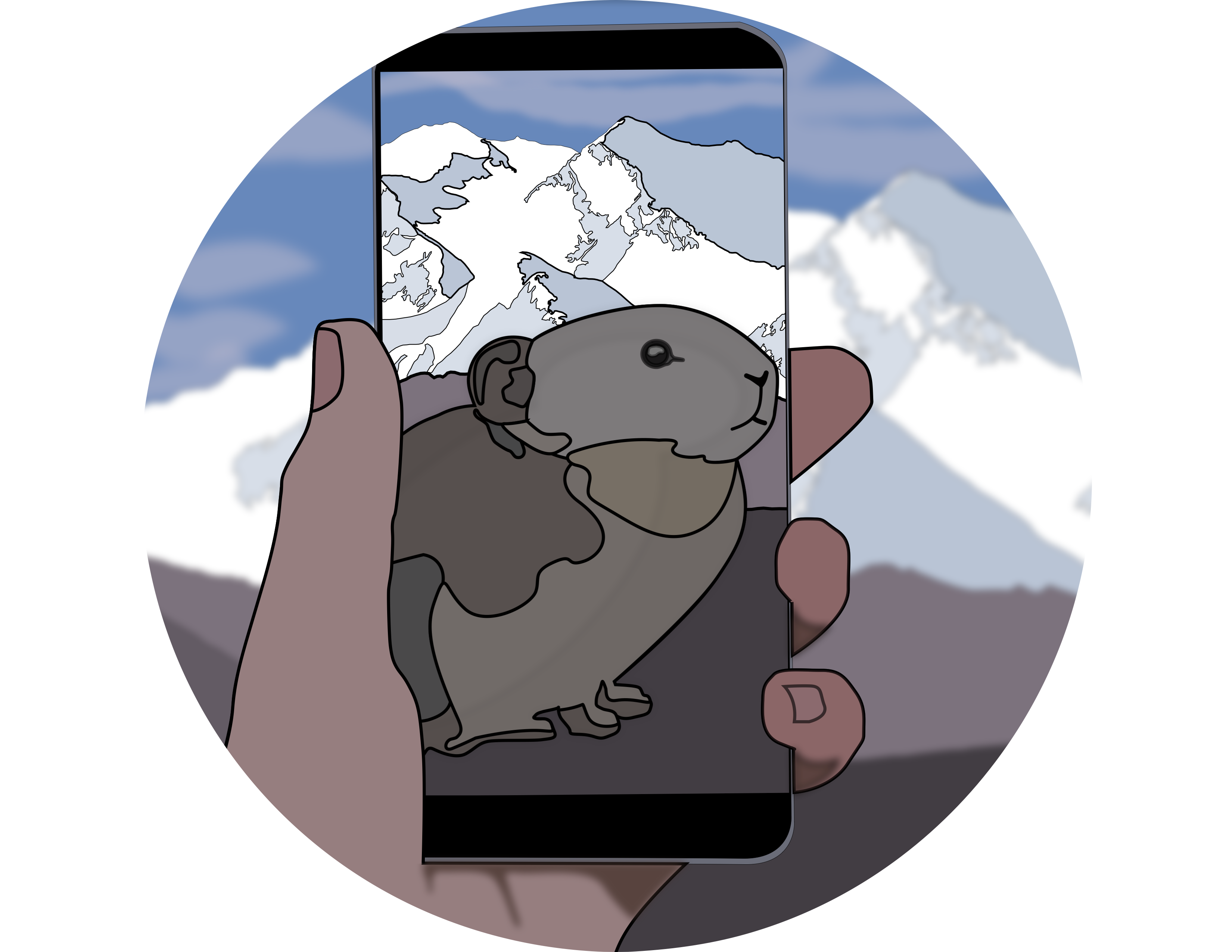 illustration of a person holding a photo to take a photo of a pika in front of a mountain