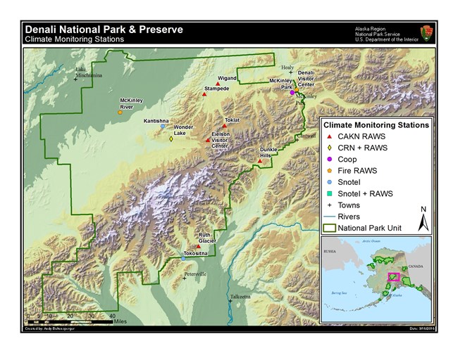 a map of denali with weather stations in remote areas demarcated