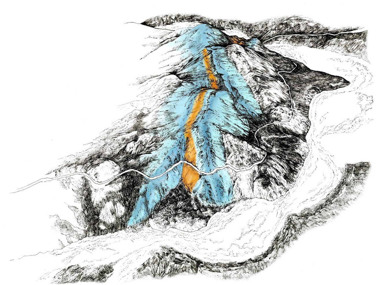 aerial illustration of a mountain with shading to indicate areas of instability