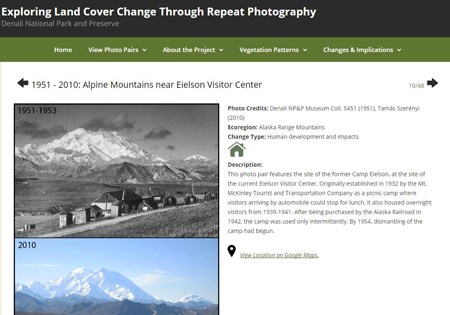 screenshot of a webpage with two photos comparing changes to a mountainous landscape between the 1950s and 2010
