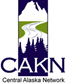 a logo of mountains, rivers and trees with the words central alaska network superimposed