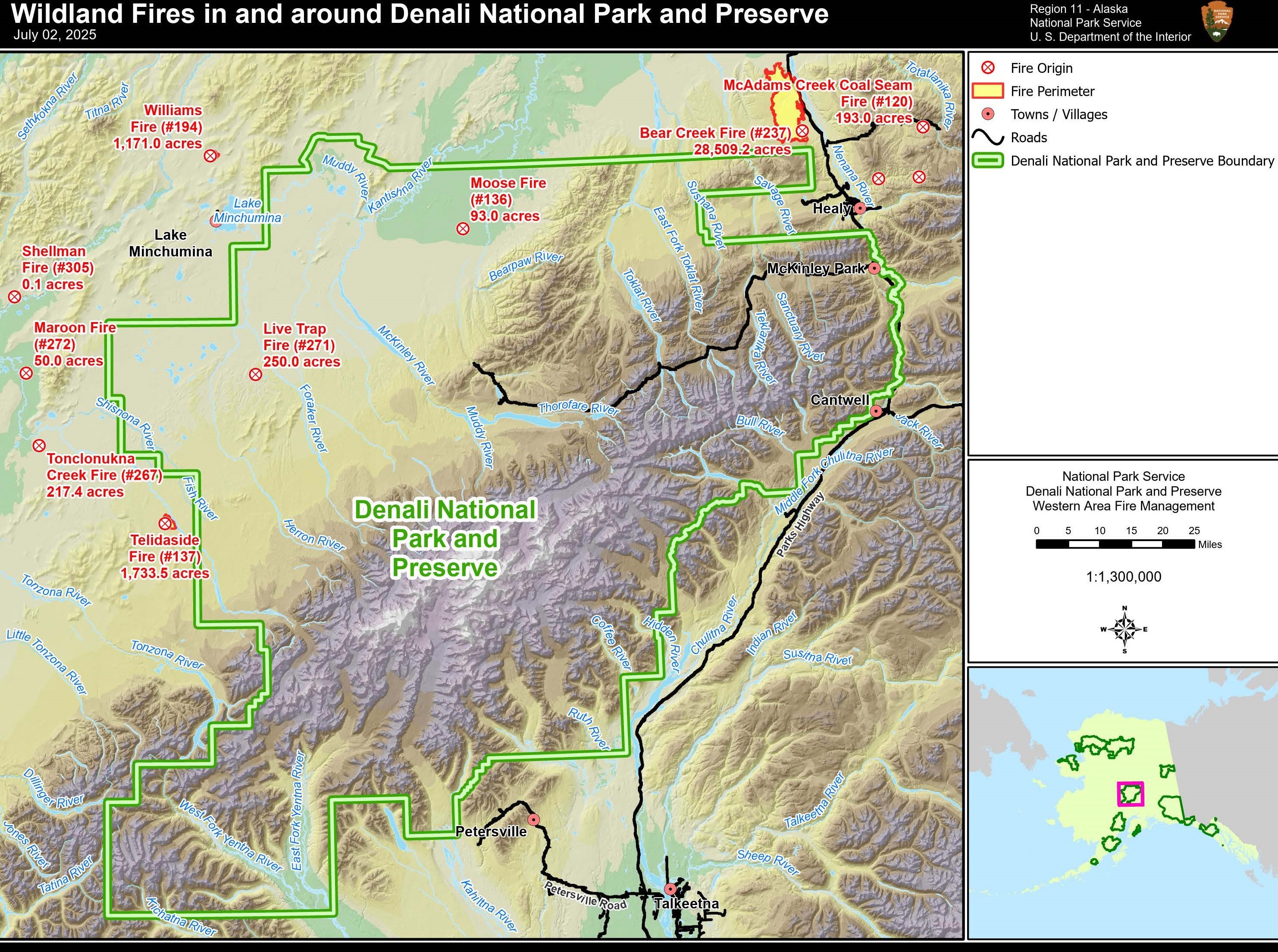 Map of Wildland Fires in and Around Denali National Park and Preserve. Includes fire origins, fire perimeters, towns/villages, and the boundaries of Denali National Park and Preserve.