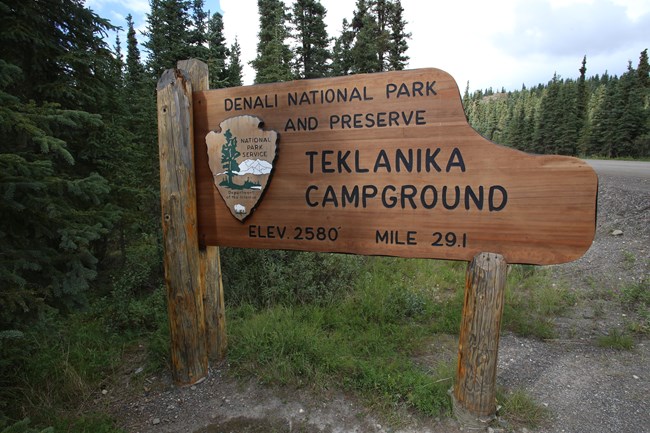 A brown wooden sign set on the edge of a gravel road and a forest of spruce trees. The sign features the National Park Service arrowhead and reads: Denali National Park and Preserve, Teklanika Campground, Elevation 2580 feet, Mile 29.1.