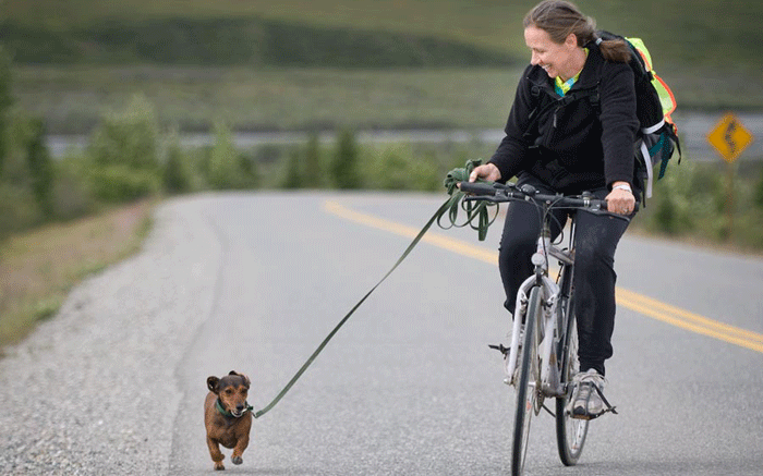 a laughing woman riding a bike, attached to a tiny dog by a leash