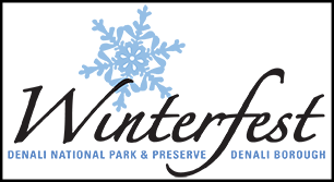 a stylized blue logo of a snowflake and the words "winterfest—denali national park, denali borough"