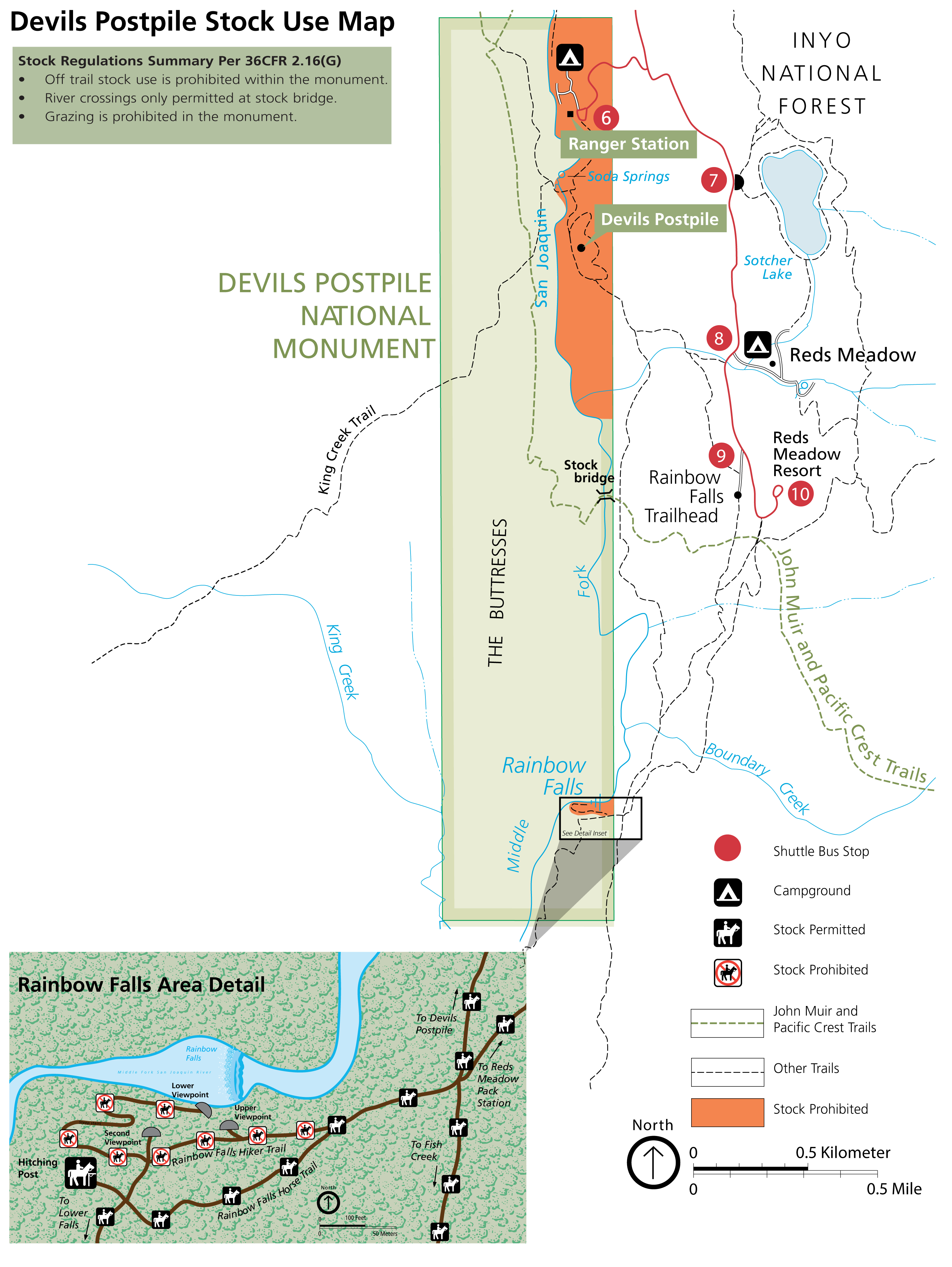 Map showing where stock is allowed in Devils Postpile National Monument, with stock not allowed east of the San Joaquin River in the vicinity of the postpile and in the vicinity of Rainbow Falls.