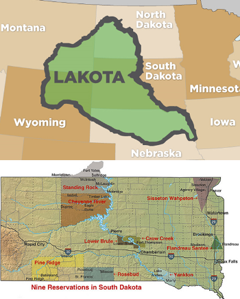 Two images comparing modern Lakota reservations and historic land claims