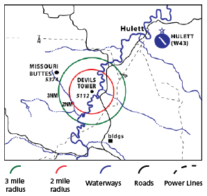 A map showing the no fly advisory zone around Devils Tower