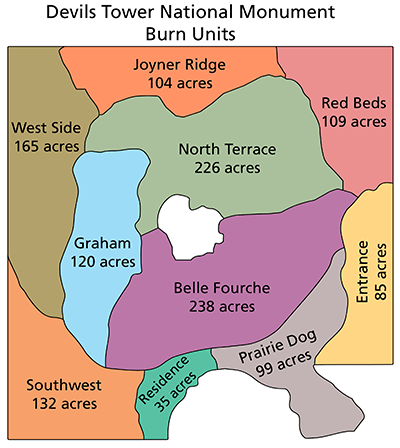 A map showing the different burn units of the park