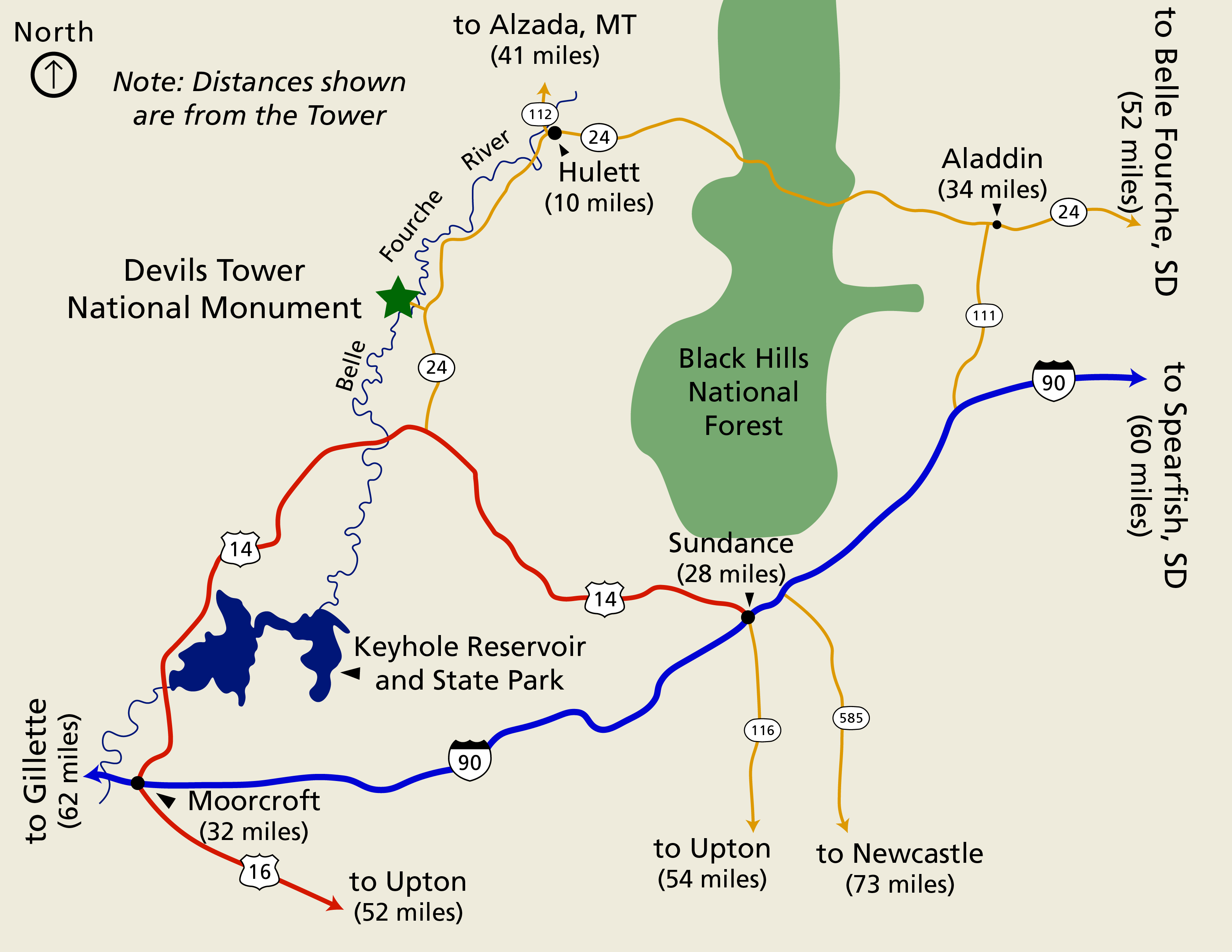 A map of the area roads around Devils Tower