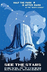 An artist's drawing of Devils Tower with the Great Bear constellation over it