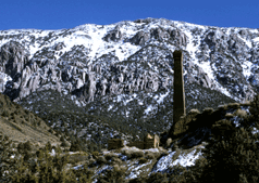 Panamint City smelter ruins with snow-covered mountains