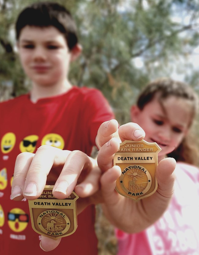 Two kids hold out Death Valley Junior Ranger badges, which are gold and have a drawing of a bighorn sheep.