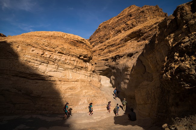 Visitors hike through a canyon with tall smooth walls.