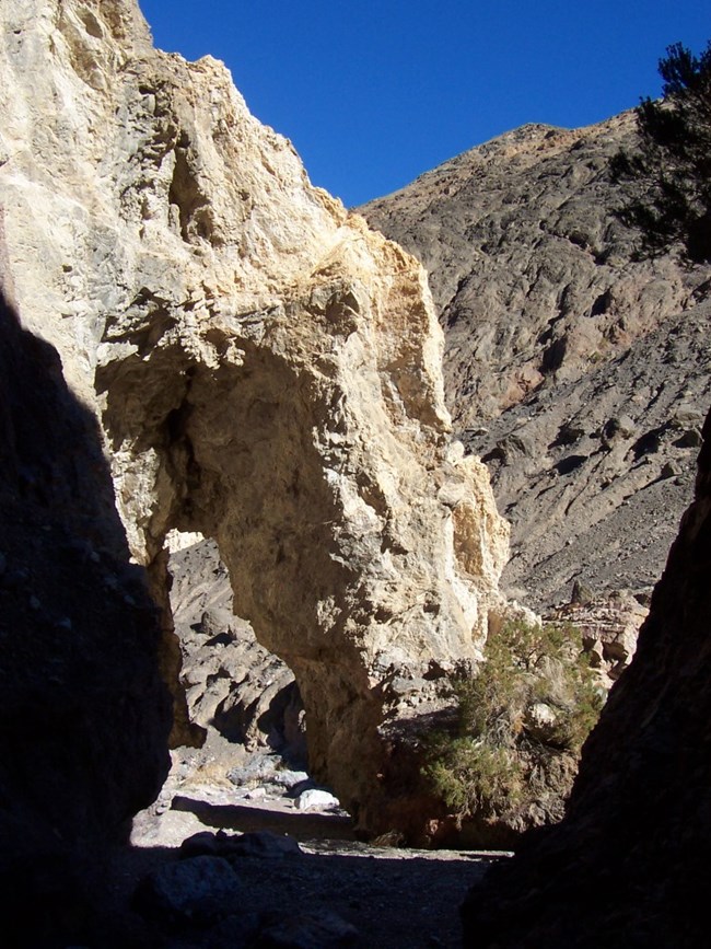 A natural bridge extends from canyon wall to canyon floor.