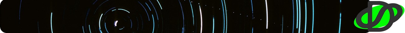 Long image with rounded edges, the image is black with blue streaks of stars taken in a long exposure. A green and black logo is on the right.