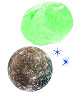 A green space rock floating above a planet and some illustrated stars.