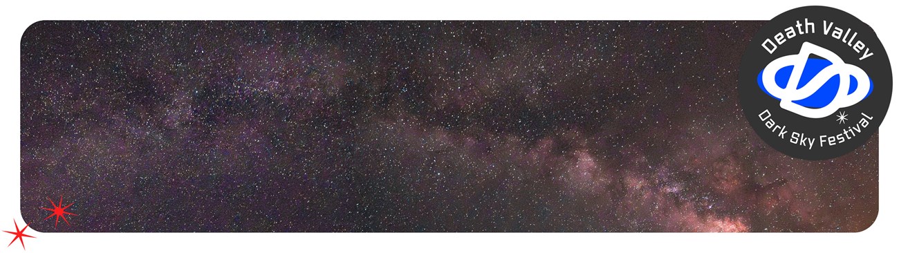 A panoramic view of a star-filled night sky sweeps across the frame, bursting with pinpoints of light, gentle haze, and purple-brown highlights of the Milky Way. A bold circular logo in the top right corner identifies the Death Valley Dark Sky Festival.