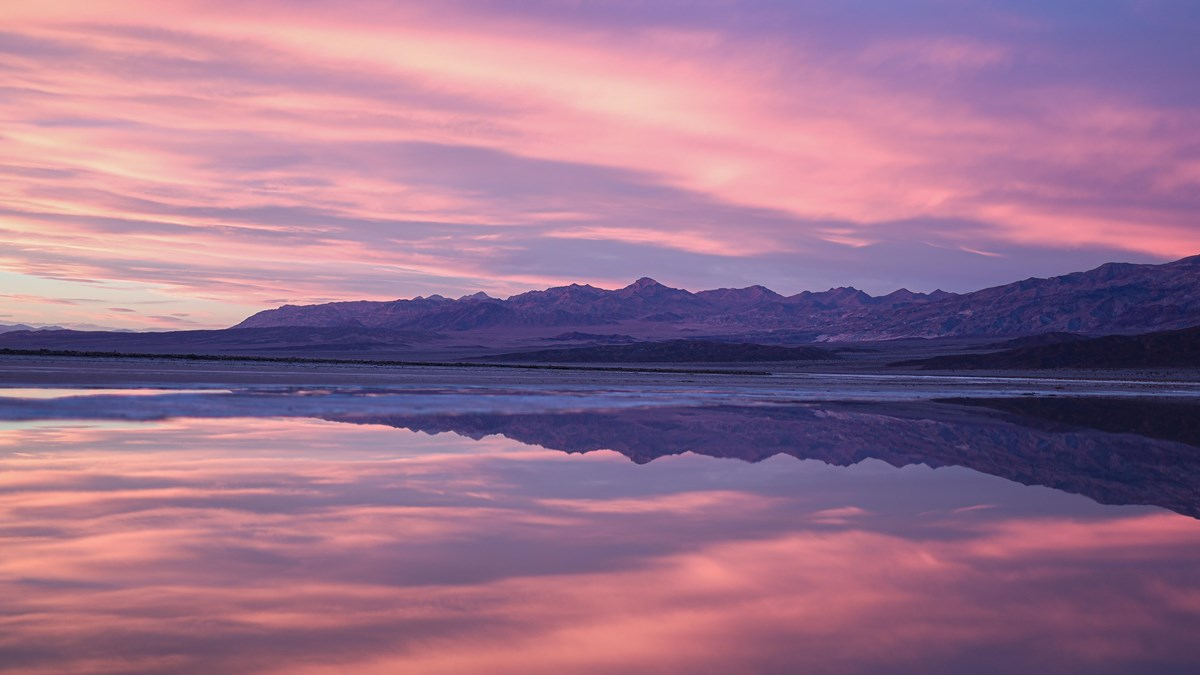 Purple mountains and pink sky reflected in shallow water in a desert.