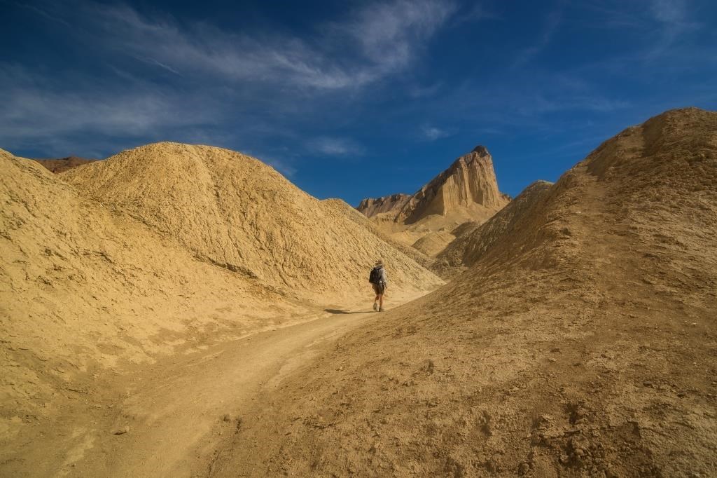 A hiker walks between golden colored badlands heading toward a towering outcropping known as Manly Beacon