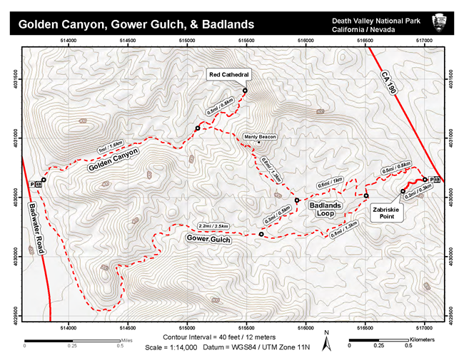 A topographic map showing popular routes in the Golden Canyon area.