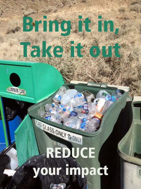 An image of a full trash can with the words, "bring it in, take it out; reduce your impact"