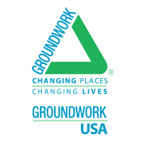 A blue and green triangle with the words "Groundwork USA"