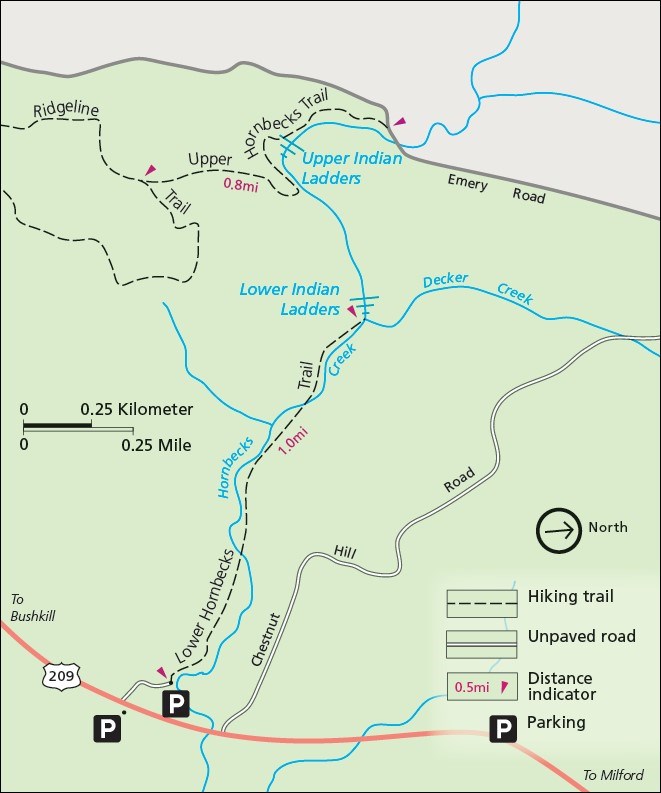A map showing the Lower Hornbecks Creek Trail running alongside the Hornbecks Creek.