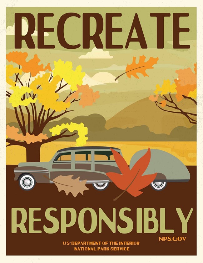 A car with small trailer driving down a road with fall colors and leaves around it with the words "recreate responsibly" at the bottom.