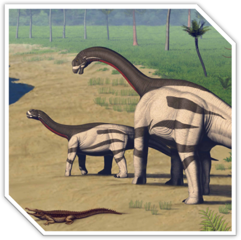 An icon featuring an adult and young Camarasaurus beside a river and small crocodile.