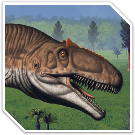 A cutout of a brown allosaurus head appearing to roar.