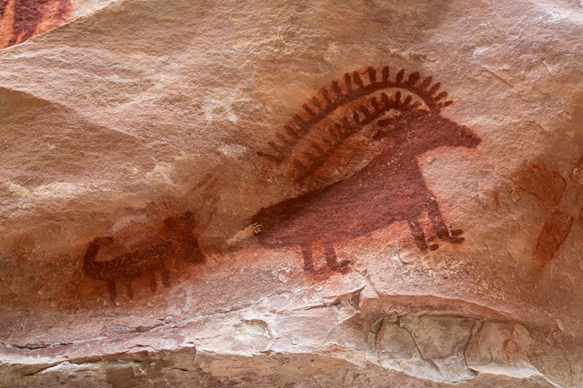 A red painted image on rock of a four-legged animal with horns