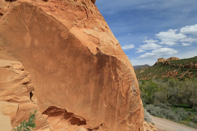 Images of animals and human-like figures pecked and carved into a rock face