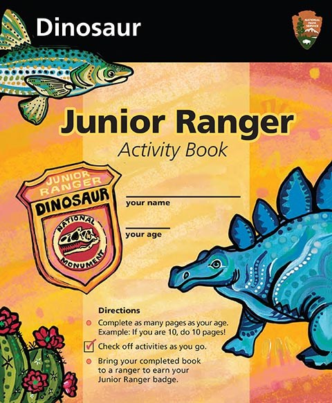 Cover image of Dinosaur Junior Ranger Booklet features colorful artwork of a stegosaurus and a fish.