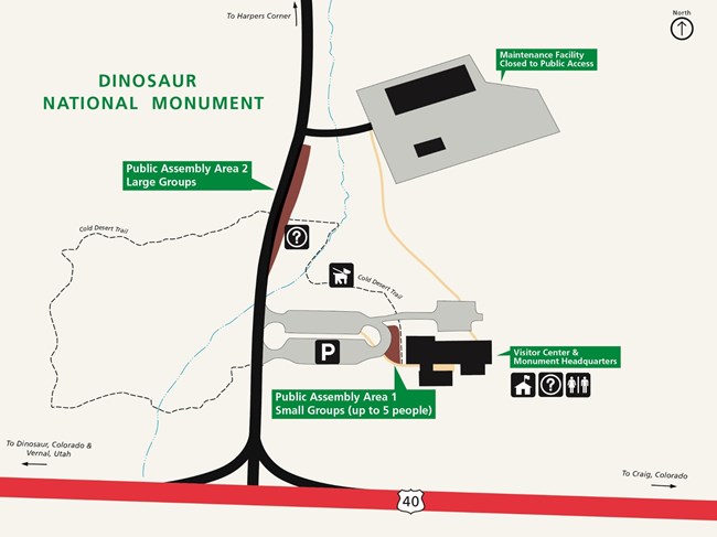 A map illustrating areas outside the Canyon Visitor Center and Monument Headquarters for public assembly.