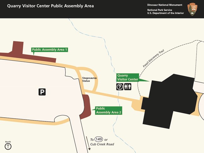 A map illustrating areas outside the Quarry Visitor Center for public assembly.