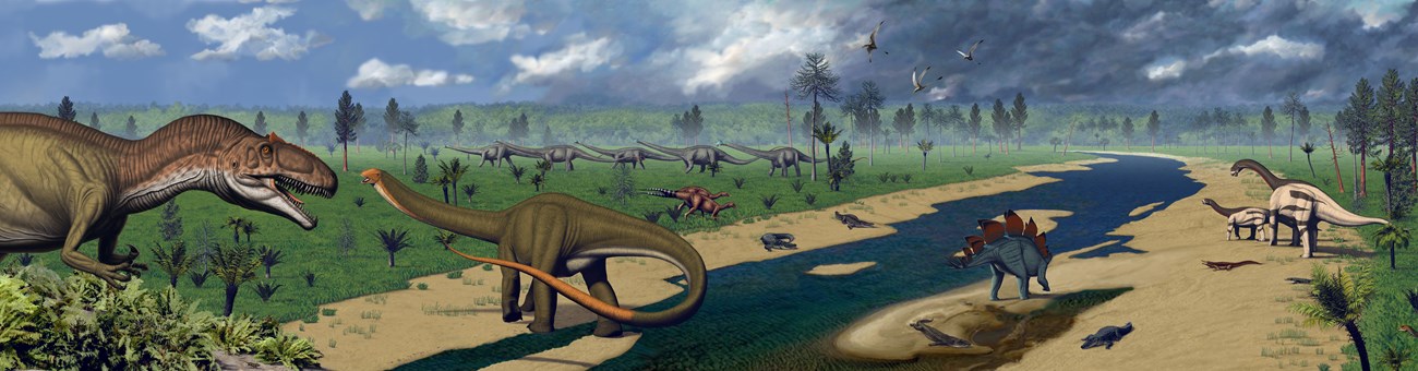 An artist depiction of the Late Jurassic Morrison ecosystem. Dinosaurs and crocodilians mingle around a riverbed.