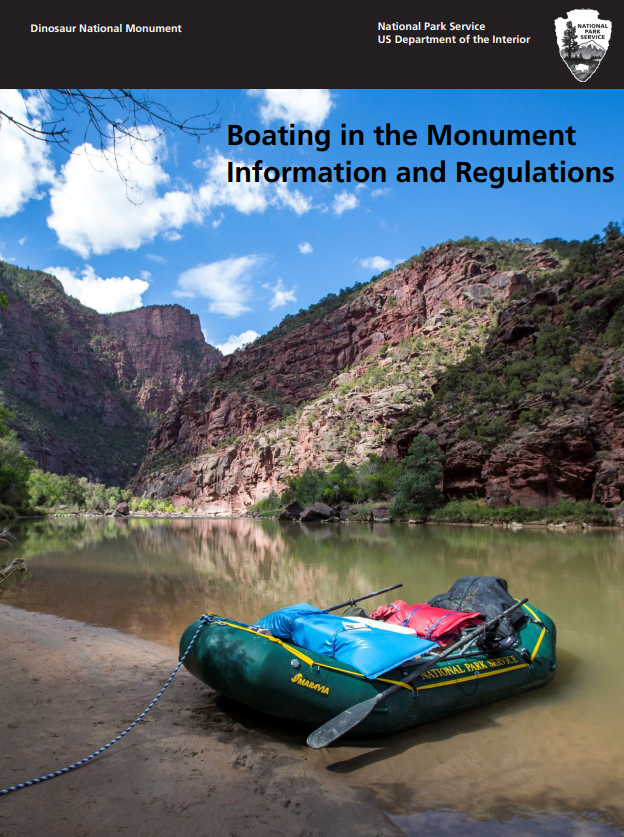 A raft sits on the bank of a calm river with tall rocky cliffs in the background. Overlying text reads "Boating in the Monument Information and Regulations."