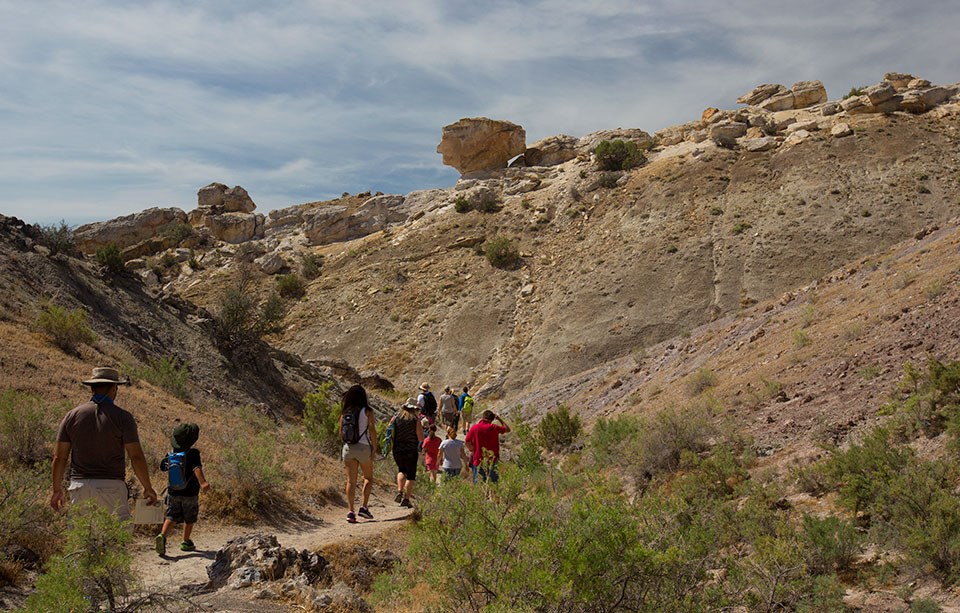 A group of 11 people walk on a trail trough a desert environment. In the background is a ridge with several outcrops of yellowish-tan rock.
