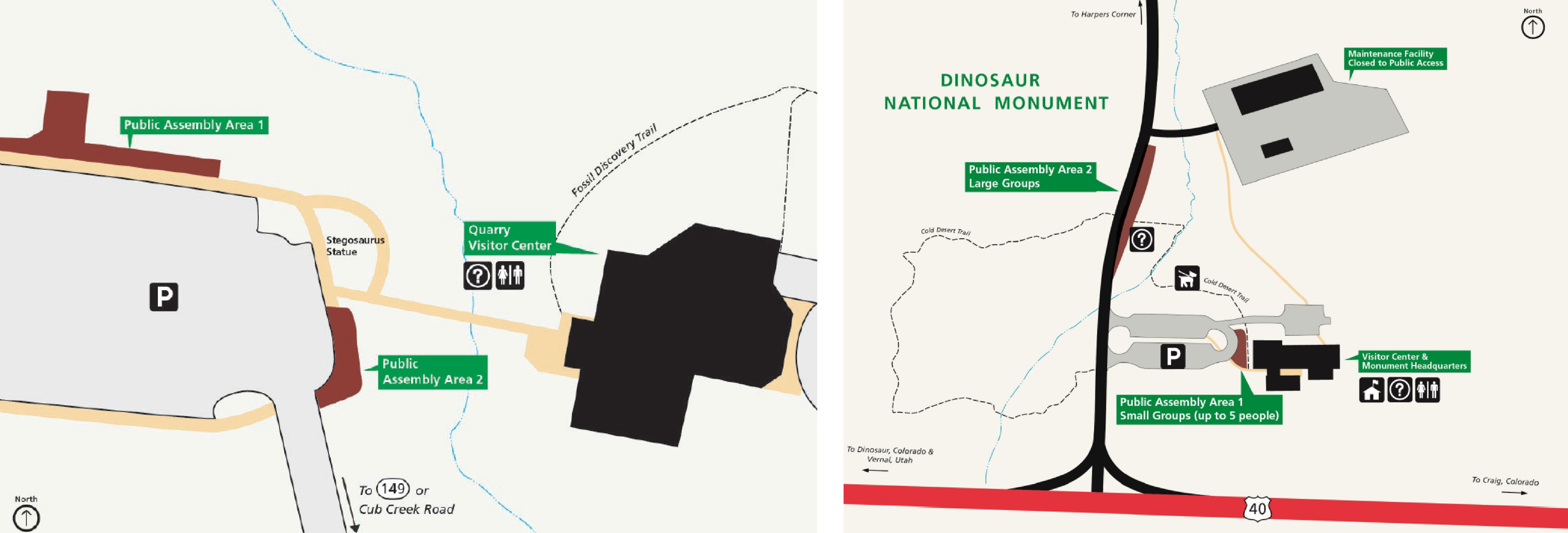 Map on left depicts public assembly areas adjacent to the Quarry Visitor Center parking lot. Map on right depicts public assembly areas near the Canyon Visitor Center parking lot.
