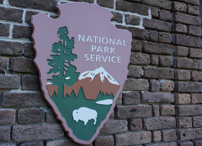 the national park service logo shaped as an arrowhead with a bison, trees, mountain, water, and the title national park service