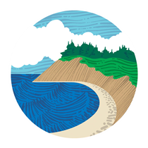 Circular Logo for Ebey's Landing, shows an illustration of the bluff with ocean waves and clouds