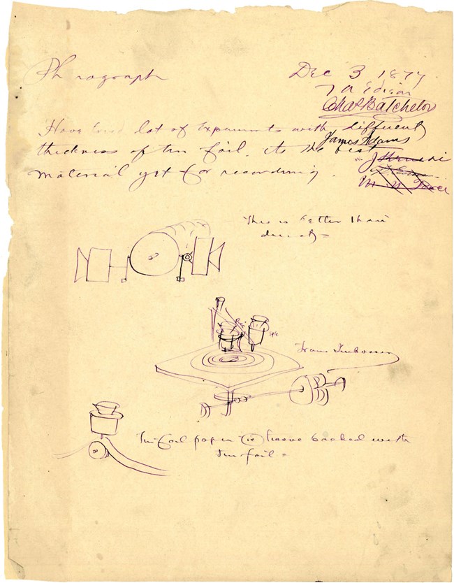 Phonograph notes and drawings, December 3, 1877. (1100pxw)