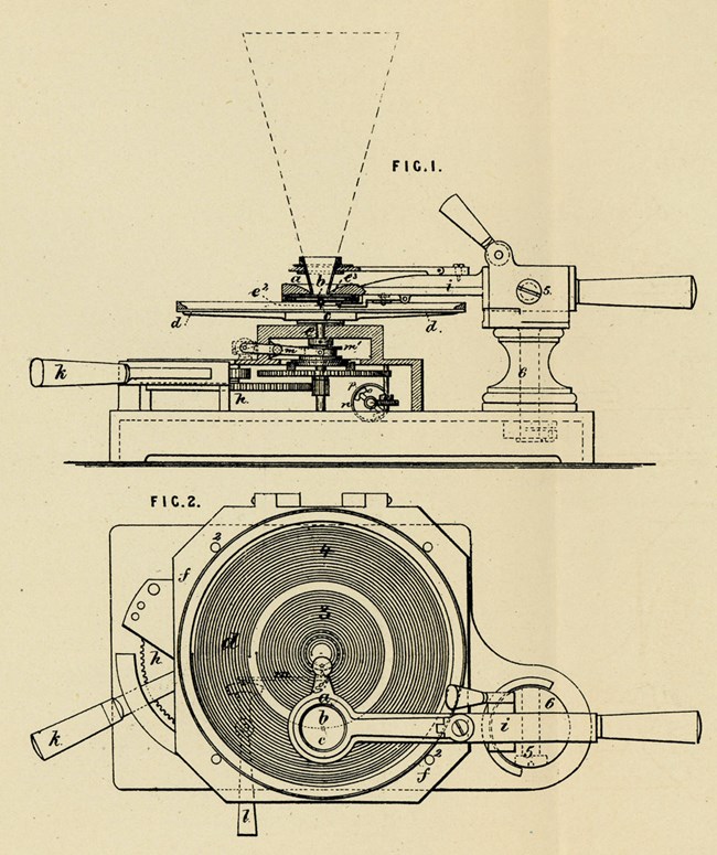 Patent drawing of Edison's Plate (Disc) Phonograph of 1878