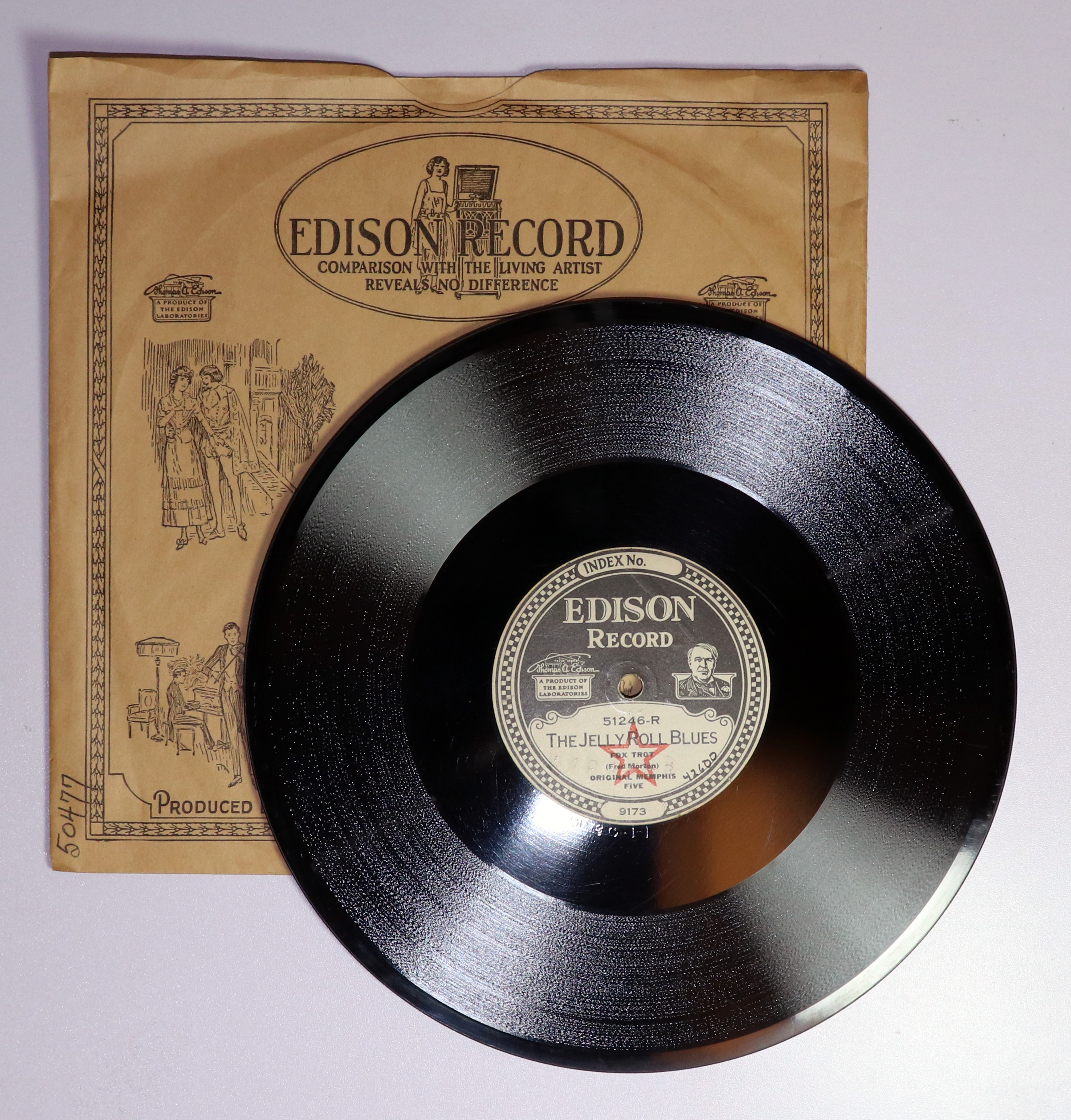 Edison disc record: "The Jelly Roll blues", performed by The Original Memphis Five, recorded in New York, New York on September 22, 1923.