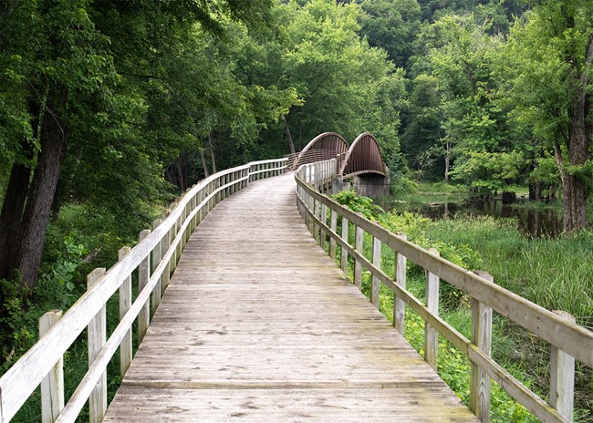 A wooden boardwalk leads to a bridge over a river in a forested landscape.