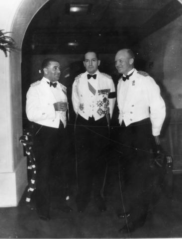 Malacanang Palace Philippines 1935 General Douglas MacArthur, Major Dwight D. Eisenhower, and Captain T.J. Davis are shown in formal dress at Malacanang Palace in Manila, The Philippines, 1935