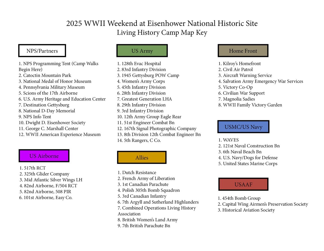 Names of participating units and organizations for Eisenhower NHS's 2025 World War II Weekend