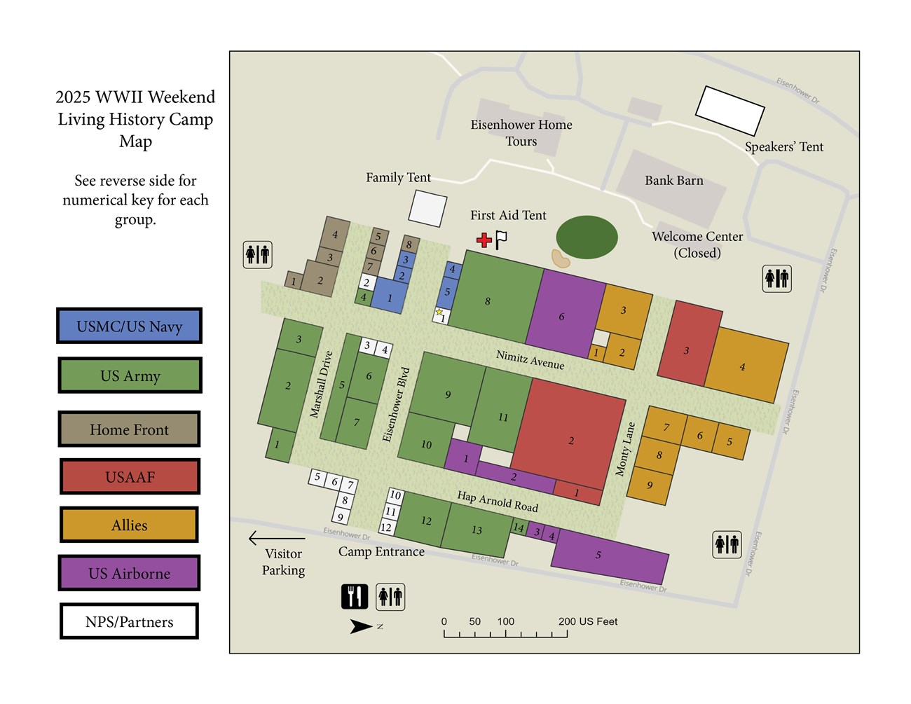 A map with color tiles showing locations of living history groups at Eisenhower NHS's 2025 WWII Weekend